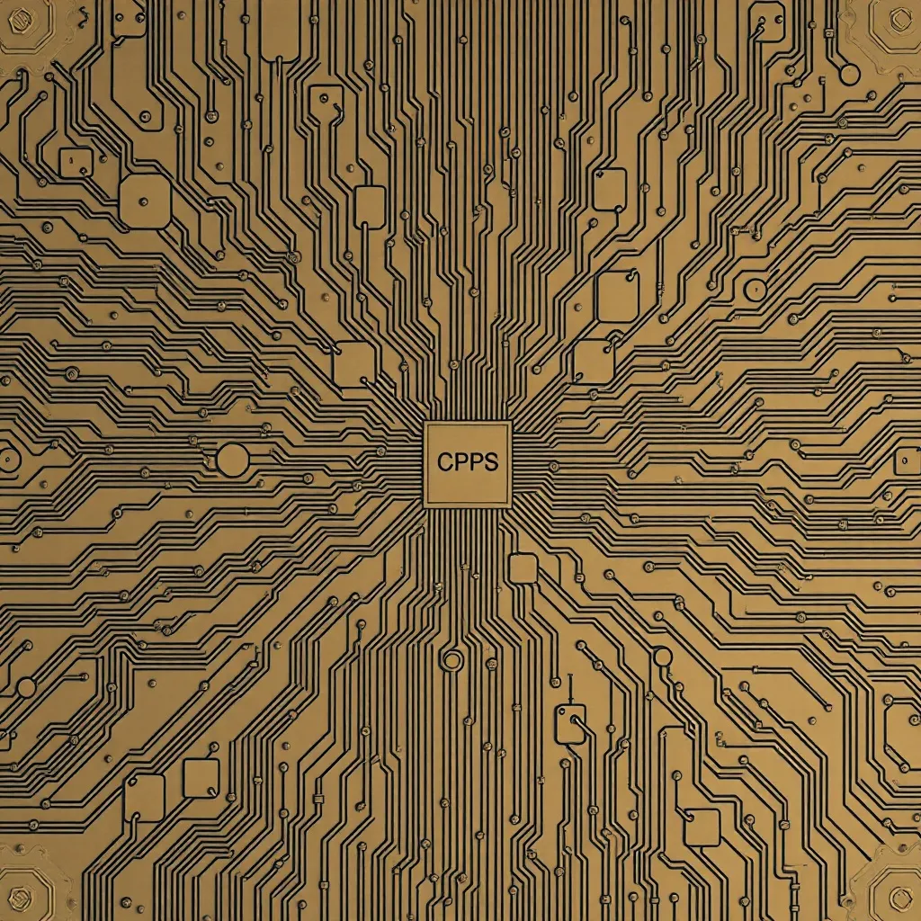 A technical top-down view of complex digital circuitry and d
